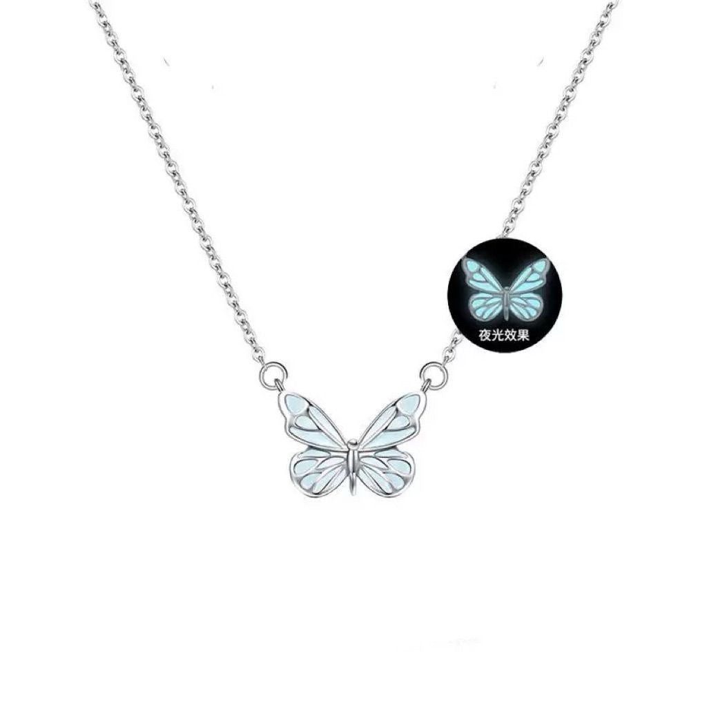 Fashion Blue Luminous Butterfly Necklace Bracelet Set