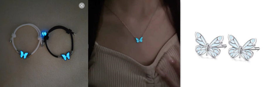 Fashion Blue Luminous Butterfly Necklace Bracelet Set