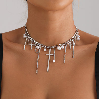 Cross Tassel Pearl Collarbone