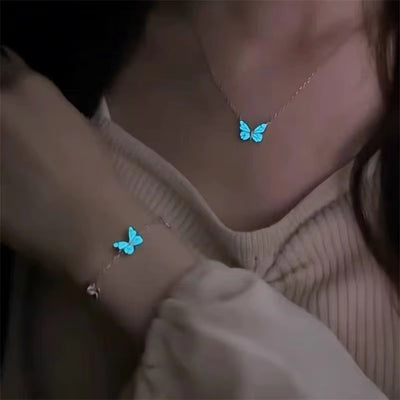 Fashion Blue Luminous Butterfly Necklace Bracelet Set